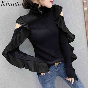 kimutomo ruffles off 어깨 니트 스웨터 여성 봄 패션 숙녀 터틀넥 할로우 ​​out 긴 소매 풀오버 우아한 210521