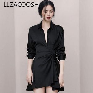 Женщины осень поворотного воротника с длинным рукавом леди рубашка платья повседневная мода черное мини-платье 210514