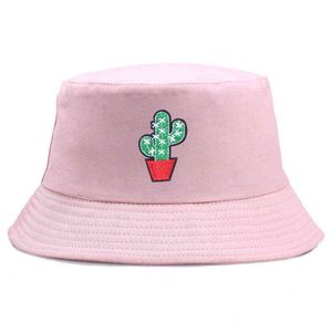 男性女性ヒップホップカジュアルラウンド帽子のためのサボテンの刺繍帽子のバケツの帽子刺繍綿の夏のカジュアルワイドブリムサンキャップG220311
