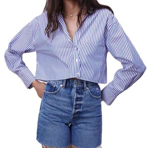 Women Shirts and Blouses Feminine Blouse Top Long Sleeve Casual Blue Turn-down Collar OL Style Loose cropped striped shirt 210510