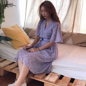 여름 드레스 가운 Vestido 짧은 소매 파티 쉬폰 치마 여성 빈티지 보라색 인쇄 미디 여성 ES 8946 50 210508