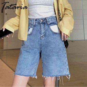 Tataria Cintura alta Knee-Length Jeans para as Mulheres Soltos Laranja Shorts Vintage Casual Harem lavado Jean 210514