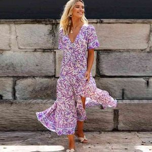 INSPIRED Lilac floral maxi V-neck rayon purple casual spring summer for women chic long maxi shirt dress 210412