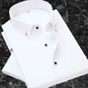 White Button Down Shirt Men Kortärmad Business Arbete Mens Dress Shirts Solid Casual Slim Chemise Homme Diamond Knapp Camisas 210524