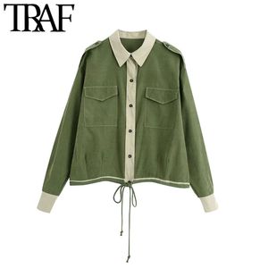 TRAF Women Fashion With Tabs Pockets Loose Blouses Vintage Long Sleeve Adjustable Drawstring Female Shirts Chic Tops 210415