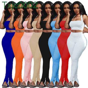 Women Tracksuits Two Piece Pants Outfits Designer Solid Colour Sexy Sleeveless Suspenders Tops Leggings Split Neckband Nightclubwear