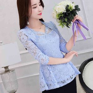 Lace Women clothing Camisas Mujer Shirt Tops Sexy Slim fit Elasticity Plus Size Female Long-sleeve Blouse Shirts 117F 210420