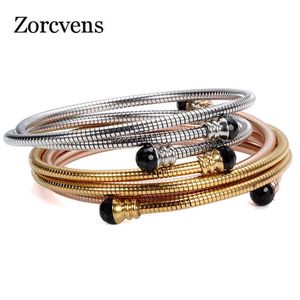 Zorcvens Gold / Rose Gold / Silver Color Stal nierdzewna Tripe Three Cable Drut Twisted Mankiet Bransoletka Branselelt dla kobiet Q0719