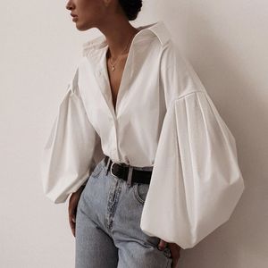 Lantern Sleeve Elegant Shirt Blouse White Black Sexy Button Vintage Turn Down Collar Office Ladies Female Casual #9161 5pcs