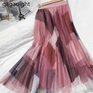 Spring Women Sweet Mesh Skirt High Waist Girls Paneled Long Kjolar En linje Pläterad Faldas för Drop 210601