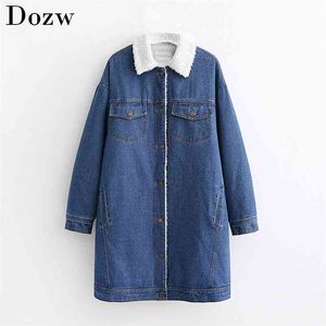 Women Fashion Denimn Long Jacket Casual Turn Down Collar Cotton Linen Coat Single Breasted Elegant Ladies Jackets Winter 210515