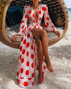 Kadınlar Uzun Kol Dalma Polka Dots Plaj Elbise Fener Kollu Düğümlü Derin V Boyun Yarık Maxi Elbise Y0726