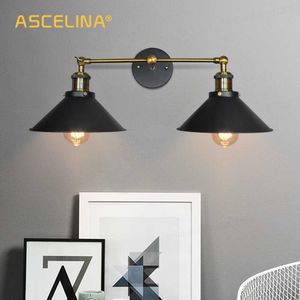 Ascelina Vintage Vägglampa Loft E27 Dubbelhuvud Sconce Wall Lights Iron Industrial Decor Inomhusbelysning för sängkläder 210724