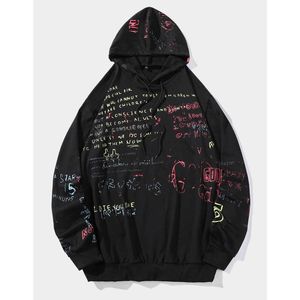 Hoodie Men Casual Letter Graffiti Long Sleeve Pullover Harajuku Hip Hop Sweatshirt Black Japanese Streetwear FM1286 210527