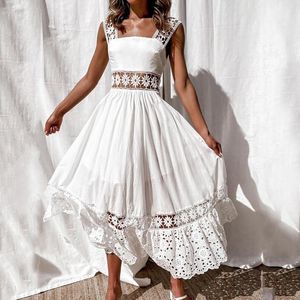 カジュアルなドレス夏のエレガントなセクシーな白いドレスのための女性のファッションレースの中空アウトブリッイベイドロングレディースホリデーウェディングマキシ