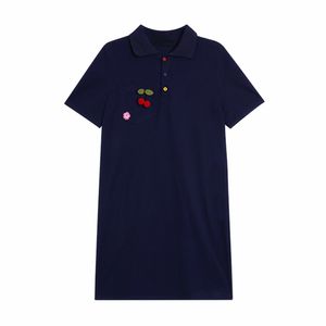 Navy gira para baixo colarinho camisa polo vestido bolso curto mini 3d flor de cereja D1326 210514