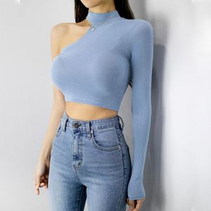 Mavi Straplez Üst toptan satış-Kadın T shirt Womengaga Düzensiz Kore Yaz Ince Seksi Kız Kadın Straplez Uzun Kollu Kısa Üst Tees Mavi Tişört G8S Tops