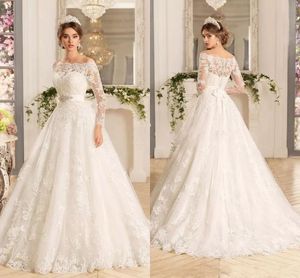 Bateau Sleeves Longo A Linha Vestidos de Casamento Plus Size Lace Appliques Formal Igreja Vestidos De Noiva Botões Voltar Varredura Trem Vestidos de Novia Belt Frisado 2021 Al9245