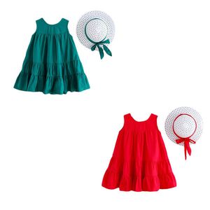 Bebê verão roupas infantil bebê menina sólida cor mangas vestido com chapéu de palha casual estilo solto vestido roupas Q0716