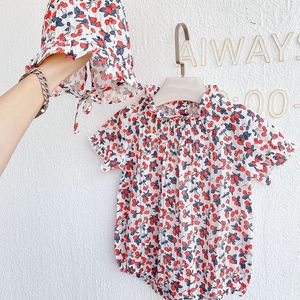 Cute Baby Girl Short Sleeve Cherry Printing Rompers Summer Kids born Clothes 210429