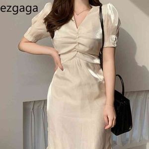 Ezgaga Korean Fashion V-Neck Ruffles Elegant Mermaid Dress Women Short Sleeve Chiffon See-through Patchwork Gentle Party Dress 210430