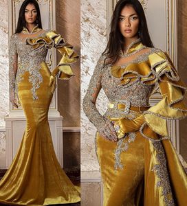 2022 Plus Storlek Arabisk Aso Ebi Guld Lyxig Mermaid Prom Klänningar Lace Beaded Crystals Evening Formell Party Andra Receptionen Födelsedag Engagemang Klänning Klänning