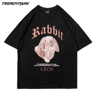 Mężczyźni Streetwear Oversize Tshirt Hip Hop Harajuku Królik Doll Drukowana Vintage Koszulka Lato Krótki Rękaw Topy Tees T Shirt 210601