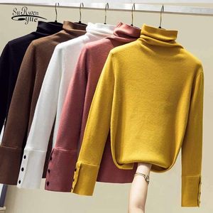Pullover Button Korean Style Turtleneck Bottoming Sweaters Women Solid Knitted Jumper Slim Chic Cuffs Pull Femme 11796 210508