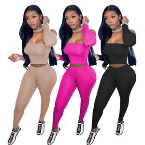 Partihandelskvinnor Kvinnor Tracksuiter Sexig Crop Top Two Piece Set Långärmad Strapless Y2K Outfits Fashion Slim Solid Kläder K7702