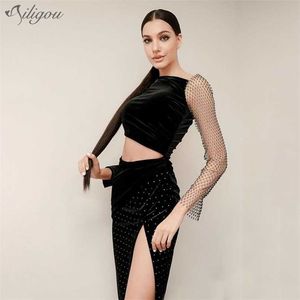 Yüksek Kalite kadın Kadife Siyah Fishnet Uzun Kollu Parlak Hollow Seksi Midi Zarif Ünlü Parti Elbise Vestidos 210525