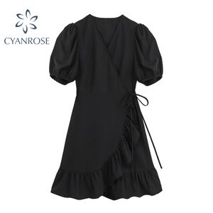 V Neck Black Mini Dress Kobiety Wysoka Talia Slim Lace-Up Puff Krótki Rękaw Elegancki Crop Frocks E-Girl Estetyka Sexy Vestidos Lady 210417