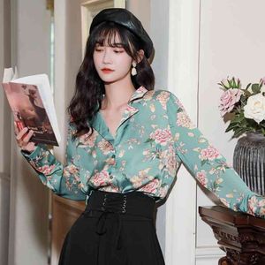Wiosna i jesień damska w stylu Hong Kong Retro Luźne Drukowanie Koszula z długimi rękawami Temperament Downing Trend 210527