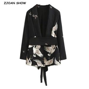 Chic Cranes Print Sashes Waist Black Blazer Woman Shawl Collar Slim Fit Mid Long Suit Jacket Coat Ytterkläder med bälte 210429