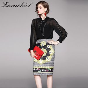 Spring Women's Bow Collar Black Blouse Shirt + Plaid Flower Print Midi Package Hip Skirt Suit Office Lady Two Piece Set 210416