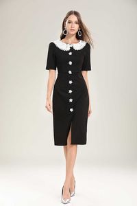 Luxury Runway Women Pencil Dress Designer Summer Monopetto Bottone in madreperla Lady Big Peter Pan Collar Party 210529