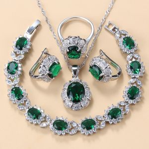 925 Sterling Silver Necklace Earrings Jewelry For Women Fashion Accessories Green Zircon Charm Bracelet And Ring Sets