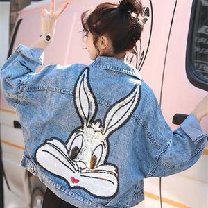 GCAROL Cartoon Sequined Oversized Denim Jacket Bling Loose Preppy Style Embroidered Short Coat Character Outfits 4 season 220118