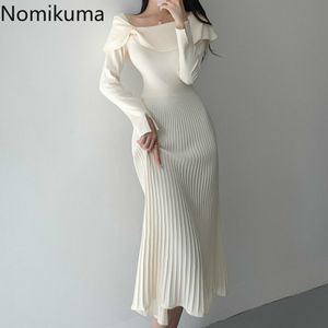 Nomikuma 우아한 드레스 여성 슬림 허리 긴 소매 중반 송아지 가을 온도 니트 드레스 여성 가운 Femme 3D616 210514