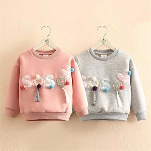 Höst Varm Fashion 2 3 4-10 År Långärmad Brev Boll Pearl Hoodies Kids Baby Girls Plus Vet Vinter Sweatshirts 211023