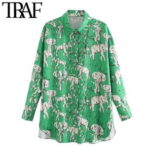 Женская мода животных печати свободные блузки старинные охлаждающие воротник с длинным рукавом женские рубашки Blusas Chic Tops 210507