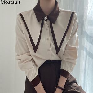 Color-Blocked Office Ladies Women Blouses Full Sleeve Now Collar Shirts Elegant Mode Koreanska Blusas Toppar 210513