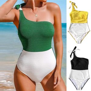 Mulheres Swimwear One Peça Swimsuit Feminino Feminino Sexy Block Color Mulheres Ombro Banhando Terno Plus Size Body Swim Nadar Wear Monokini