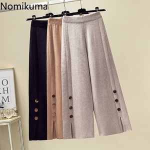 Nomikuma boczne przyciski podzielone szerokie spodnie nóg kobiety jednolity kolor casual luźne proste spodnie żeński wysoki talia pantalones 3D068 210514