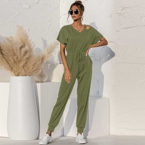 Elegant Short Sleeve V-neck Lace Up Jumpsuit Women Summer Solid Hollow Out Backless Casual Slim Overalls Office Lady Long Romper 210526