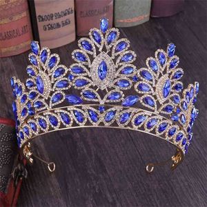 Fashion Design Baroque Exquisite Gold Blue Red Crystal Tiara and Crown Women Bridal Bride Wedding Party Hair Jewelry Accessories 210707