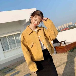 Arrivo Primavera Autunno Corea Moda Donna Manica lunga Allentato Giallo Cappotto corto Doppia tasca Casual Velluto a coste Giubbotti S384 210512