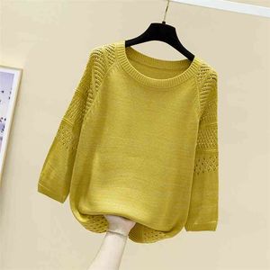 Spring cut-out knitwear women's Pullover loose Korean base coat round neck sweater thin 210922