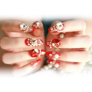 Valse nagels stks set zelfklevende nagel tips rood glanzende diamant afgewerkte ronde nep volledige dekking voor bruiloft bruid decoratie