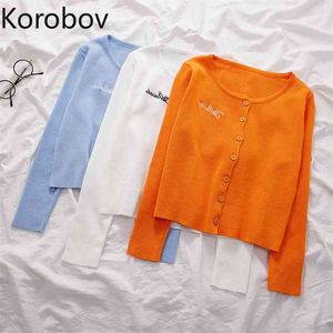 Korobov ny ankomst v nacke kvinnor cardigans koreanska långärmad stickad kvinnlig tröja vintage brev broderi suer mujer 210430