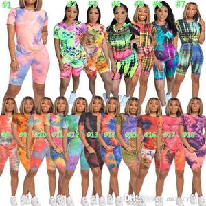 Sommer Frauen Zwei Stück Sport Trainingsanzüge Mode Freizeit Tie Dye Drucken Rundhals Kurzarm T-shirt Top Shorts Ouitfits